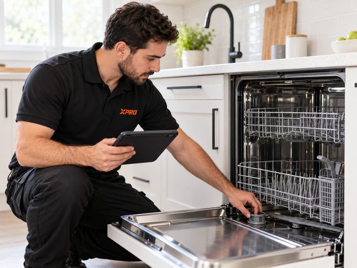 X-Pro technician with a tablet checking the filter of an open built-in dishwasher