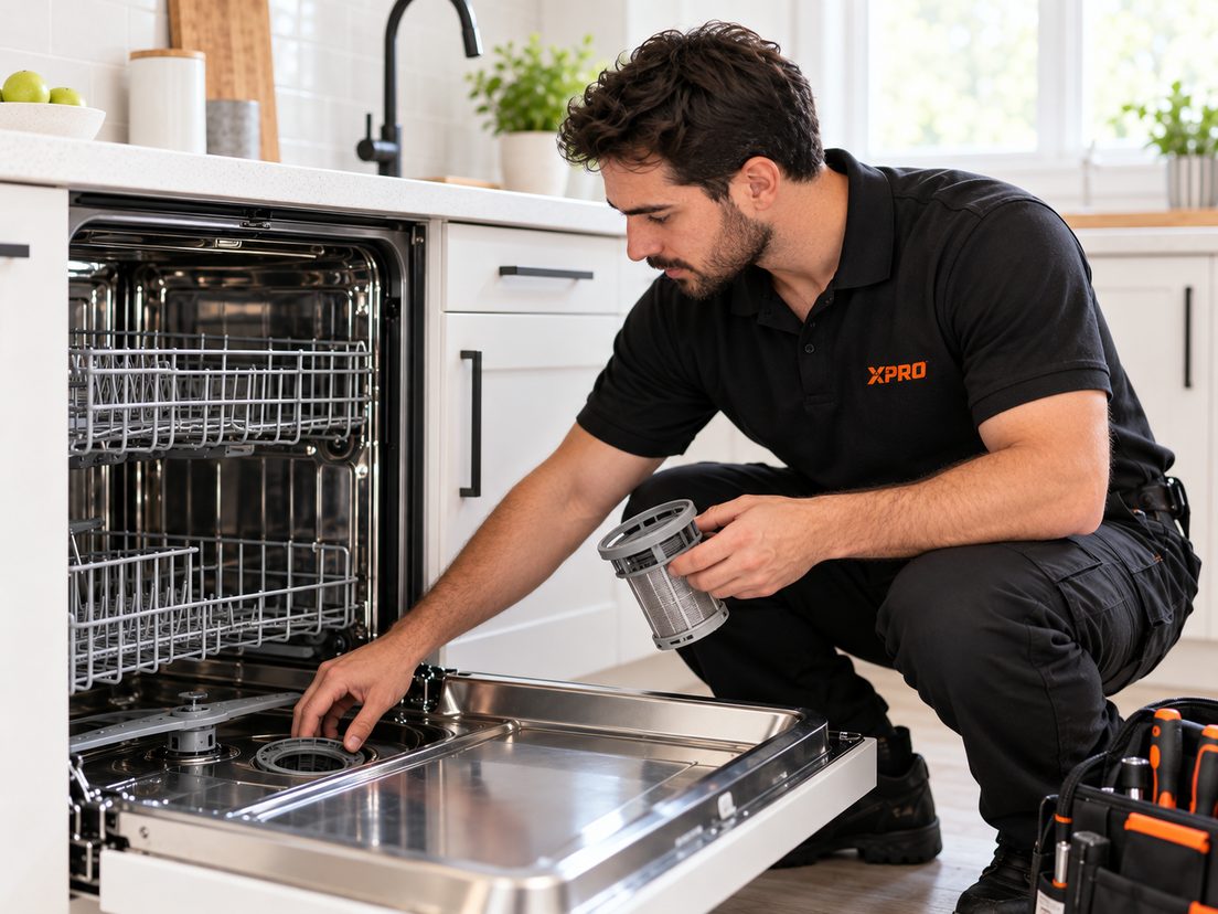 X-Pro technician holding the removed filter from an open built-in dishwasher, with his tool bag beside him