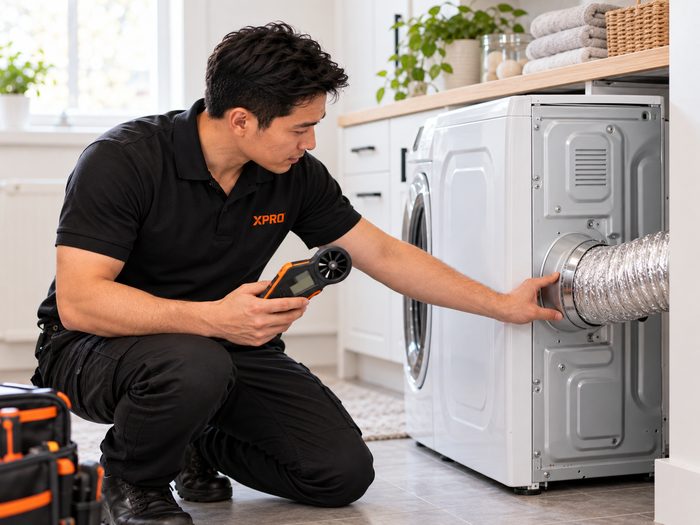 X-Pro technician checking the exhaust duct on the back of a dryer with an airflow meter