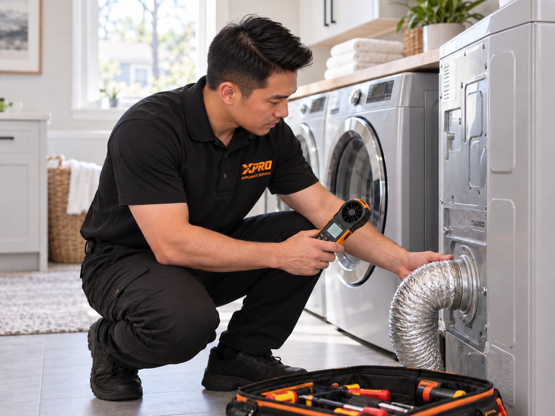 X-Pro technician measuring dryer vent airflow with an anemometer in a laundry room, his tool bag beside him