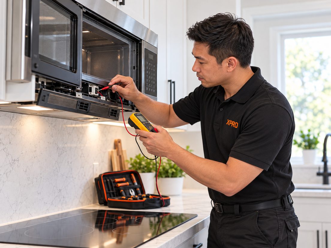 X-Pro technician testing the control board of an over-the-range microwave with a multimeter