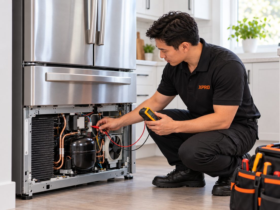 X-Pro technician testing a French-door refrigerator's compressor with a multimeter, lower access panel removed
