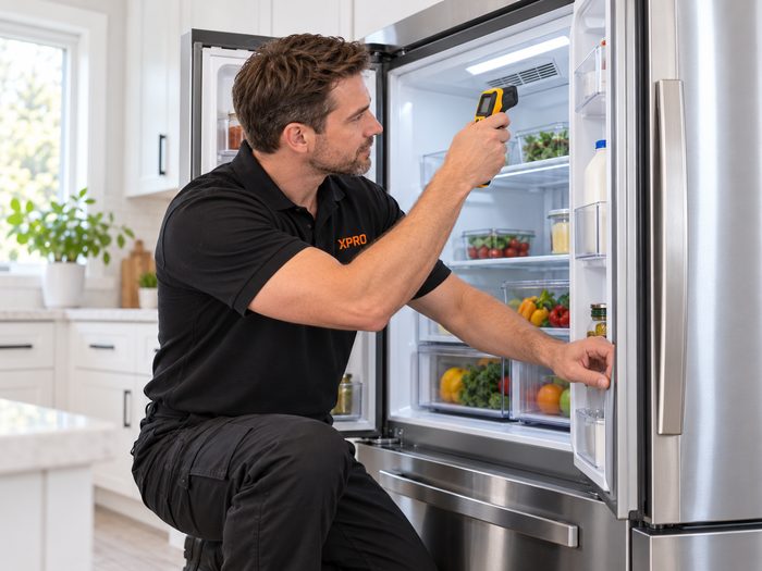 X-Pro technician checking the fresh-food compartment of a French-door refrigerator with an infrared thermometer