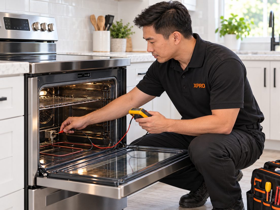 X-Pro technician testing an oven's bake element with a multimeter, oven door open and tool bag beside him