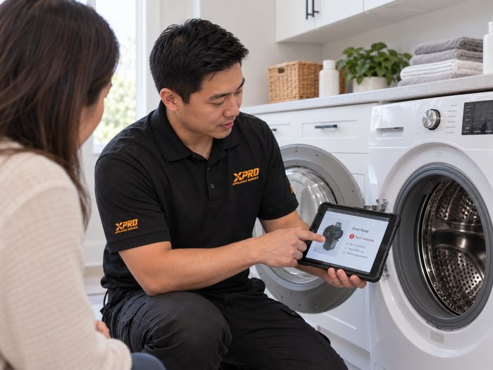 X-Pro technician showing a customer the drain pump fault found on her washing machine