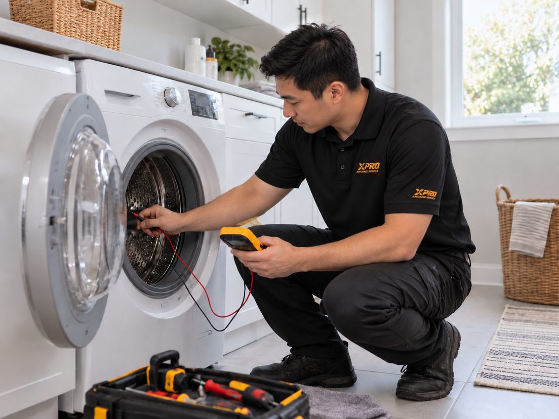 X-Pro technician testing a front-load washing machine with a multimeter in a laundry room